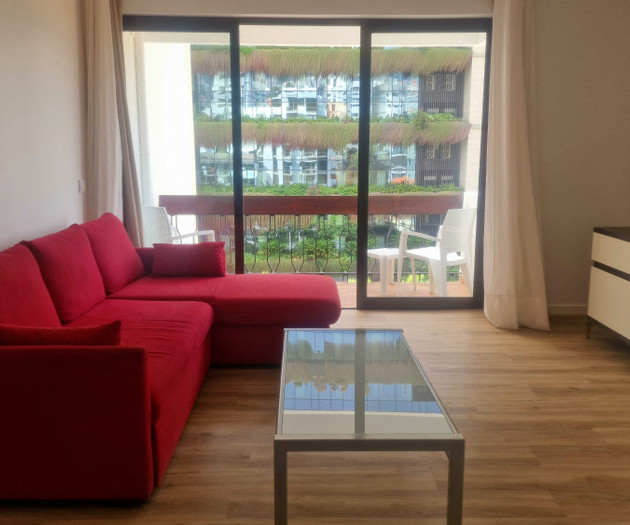 Living room with red sofa and TV