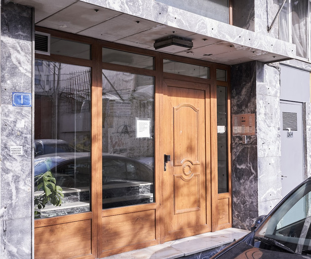 The building's entrance door