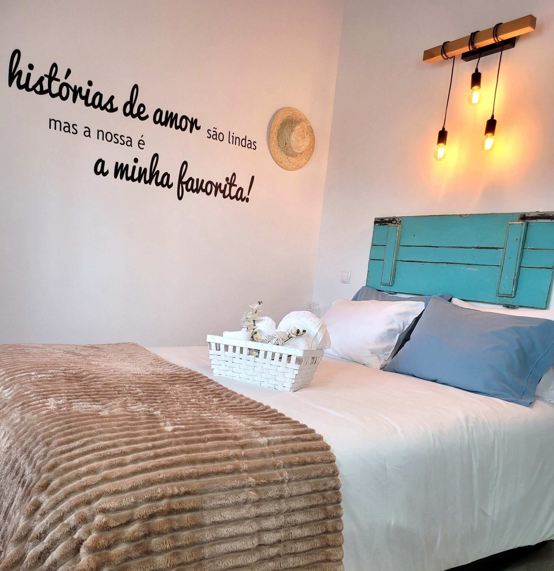 Bedroom with rustic teal headboard