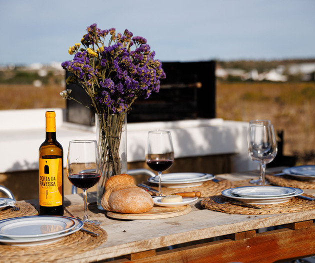 Table set with wine and bread