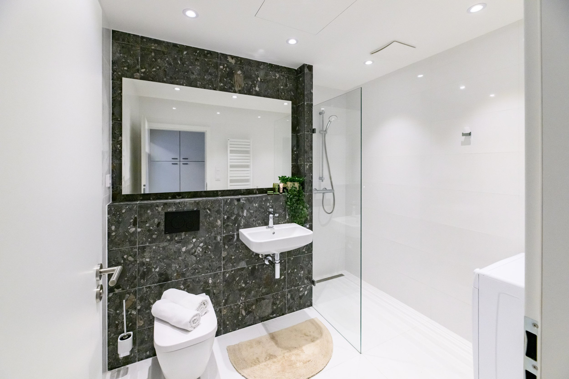 Modern bathroom with shower and marble