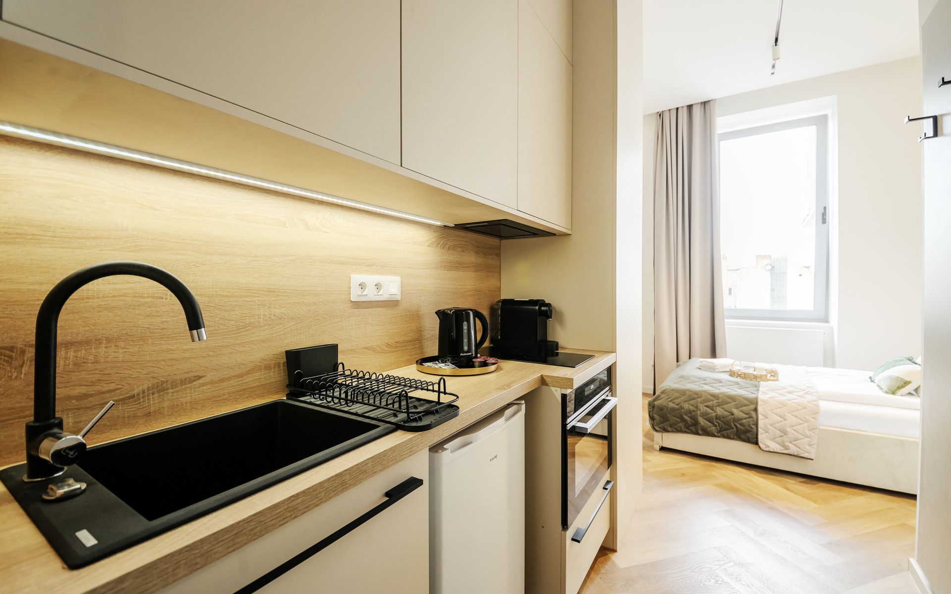 Kitchen and bedroom open layout