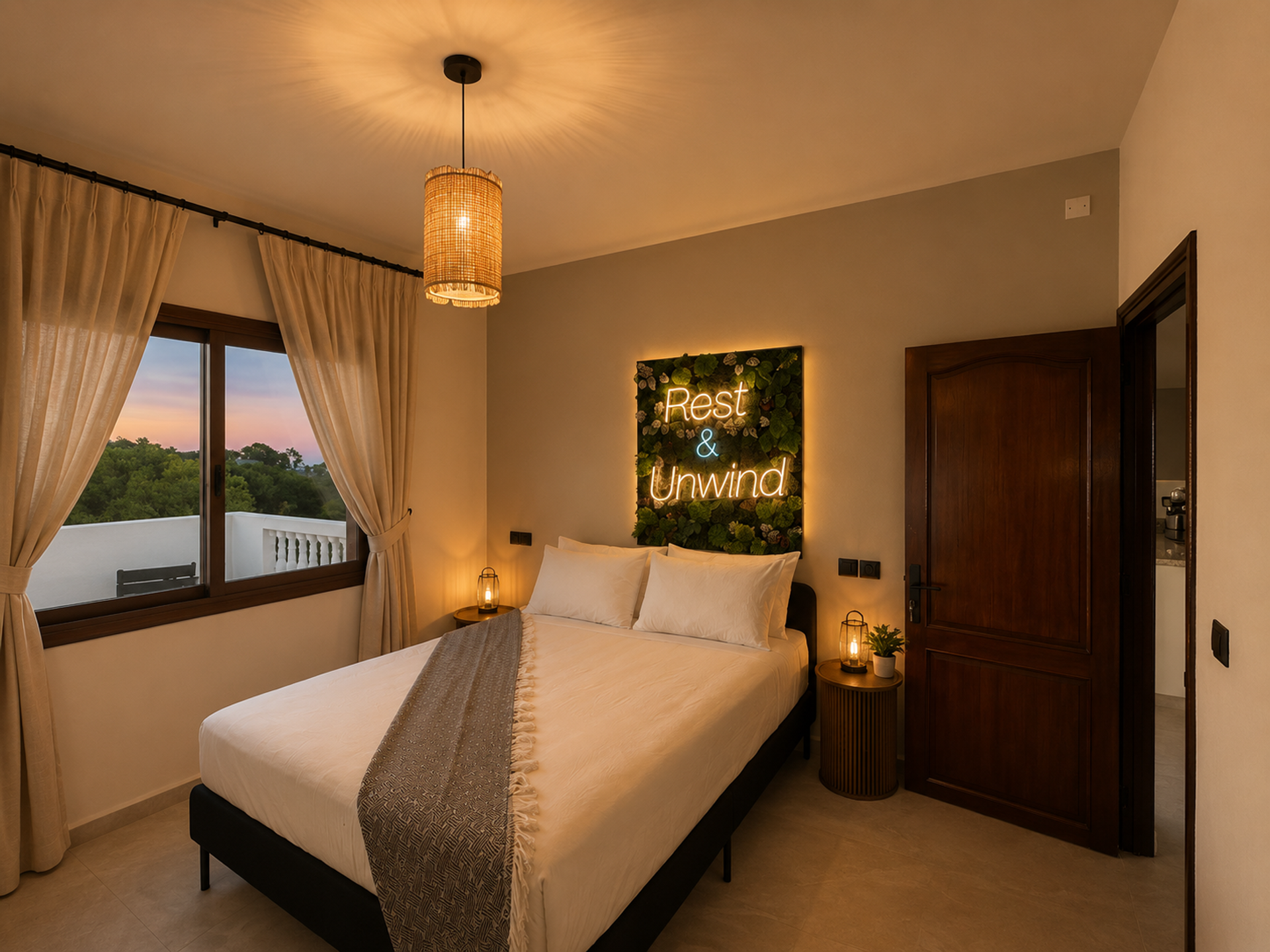 Cozy bedroom with neon sign