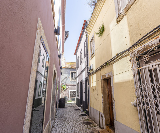 Cobblestone alley between buildings