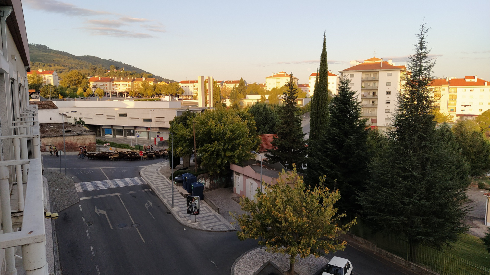 Street view from balcony at sunset