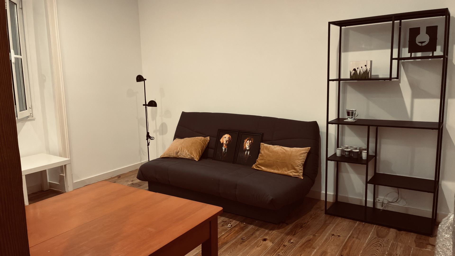 Living room with sofa and shelving