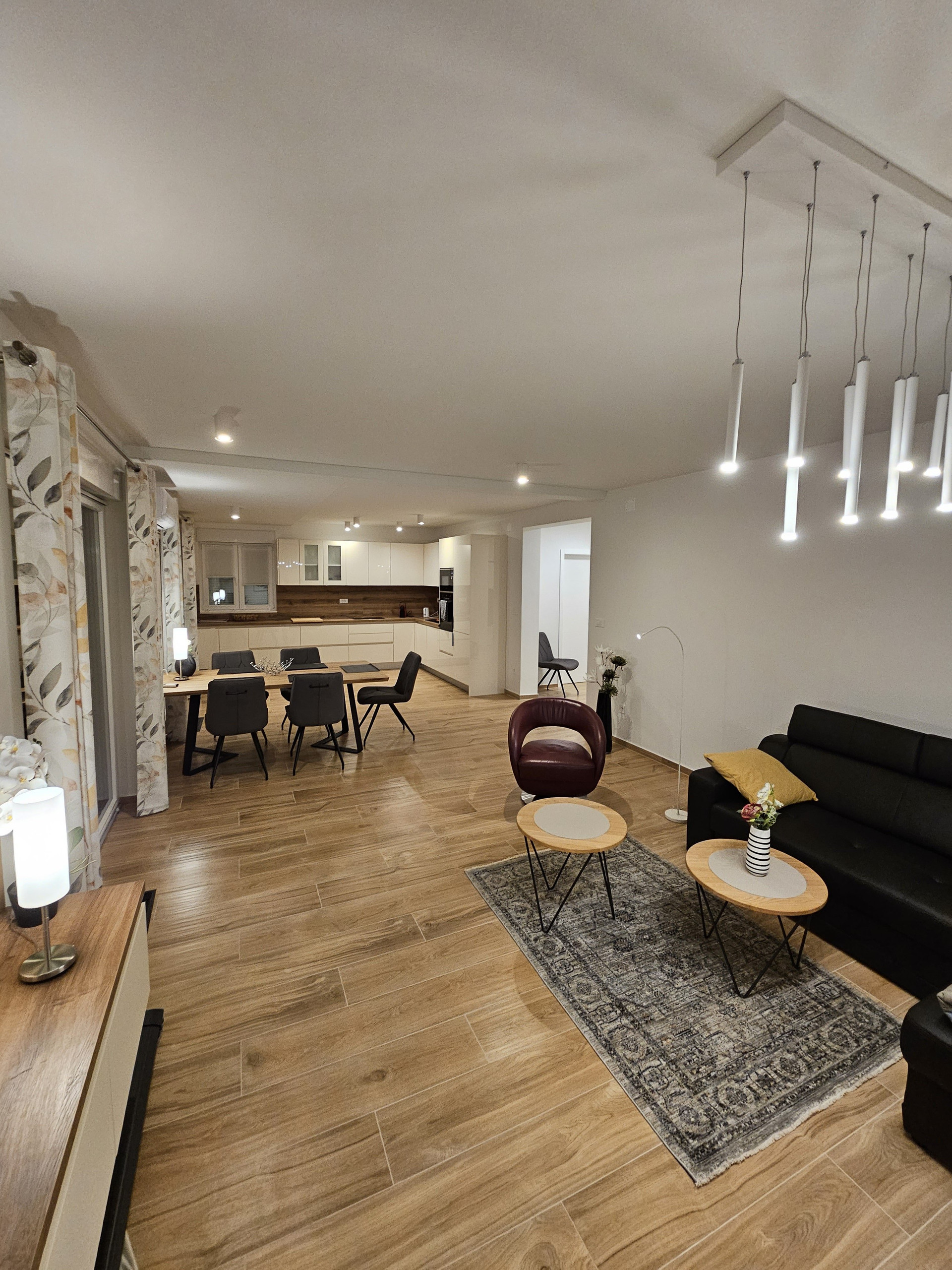 Bright living room with kitchen view