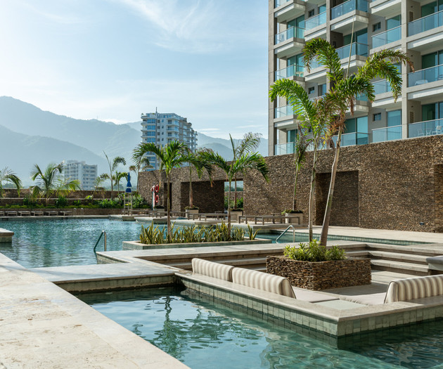 Pool area with palm trees