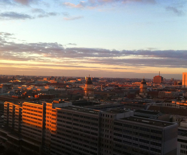 Sunset over city skyline