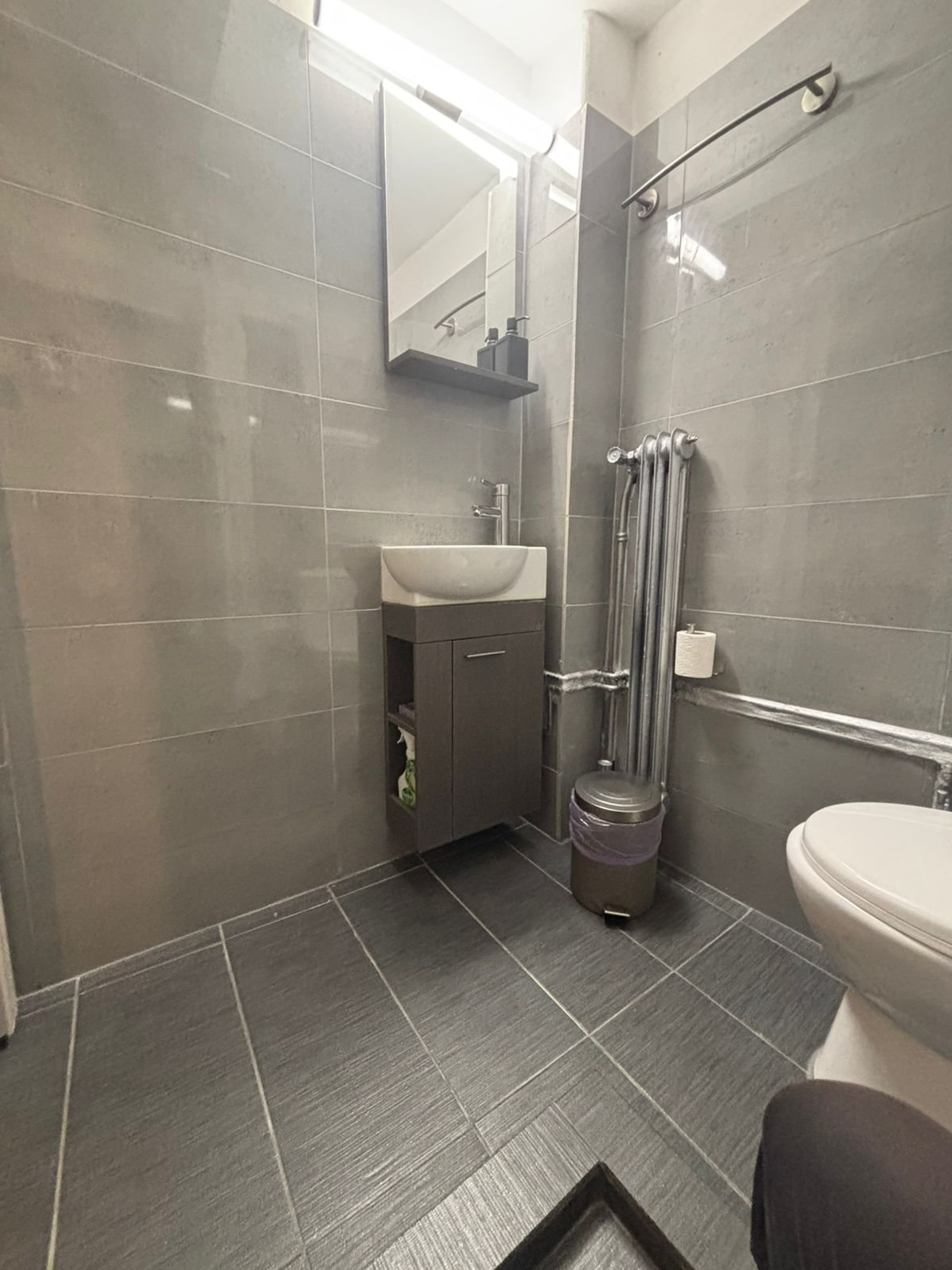 Gray tiled bathroom with shower