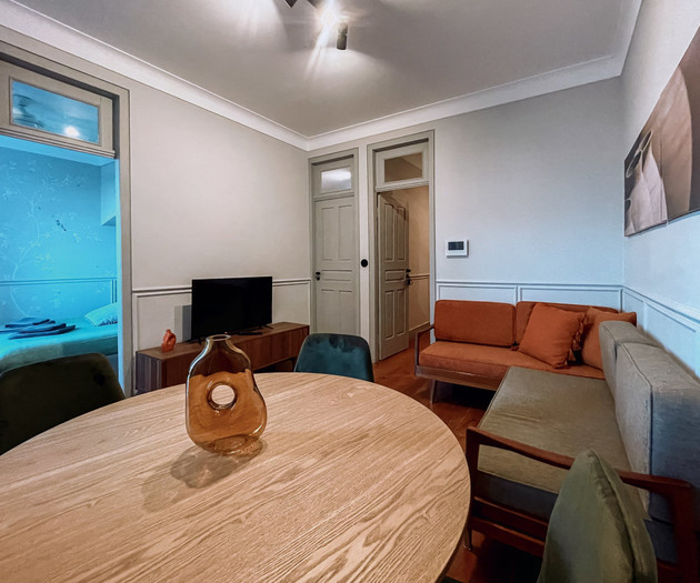 Dining table and living room