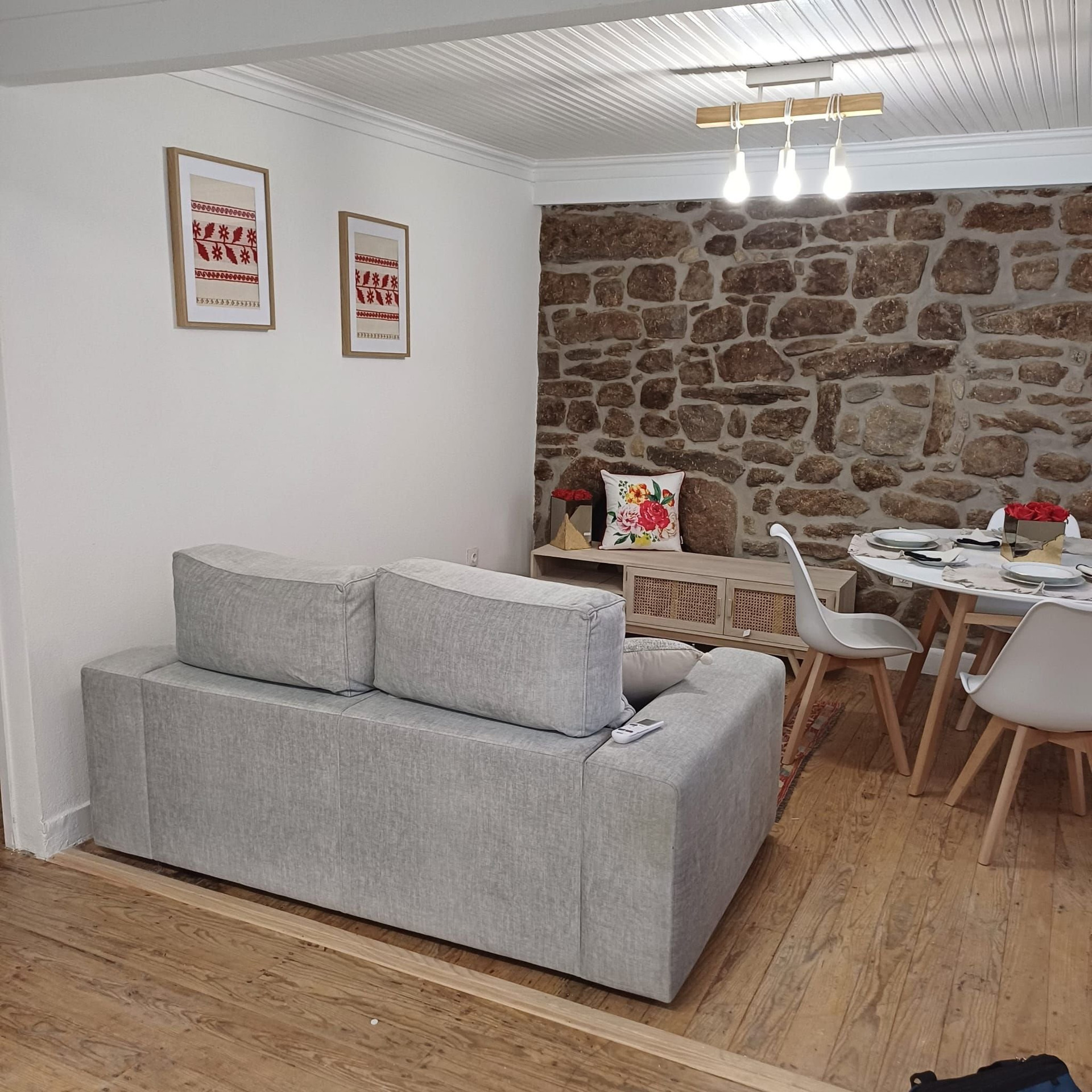 Living room with stone accent wall