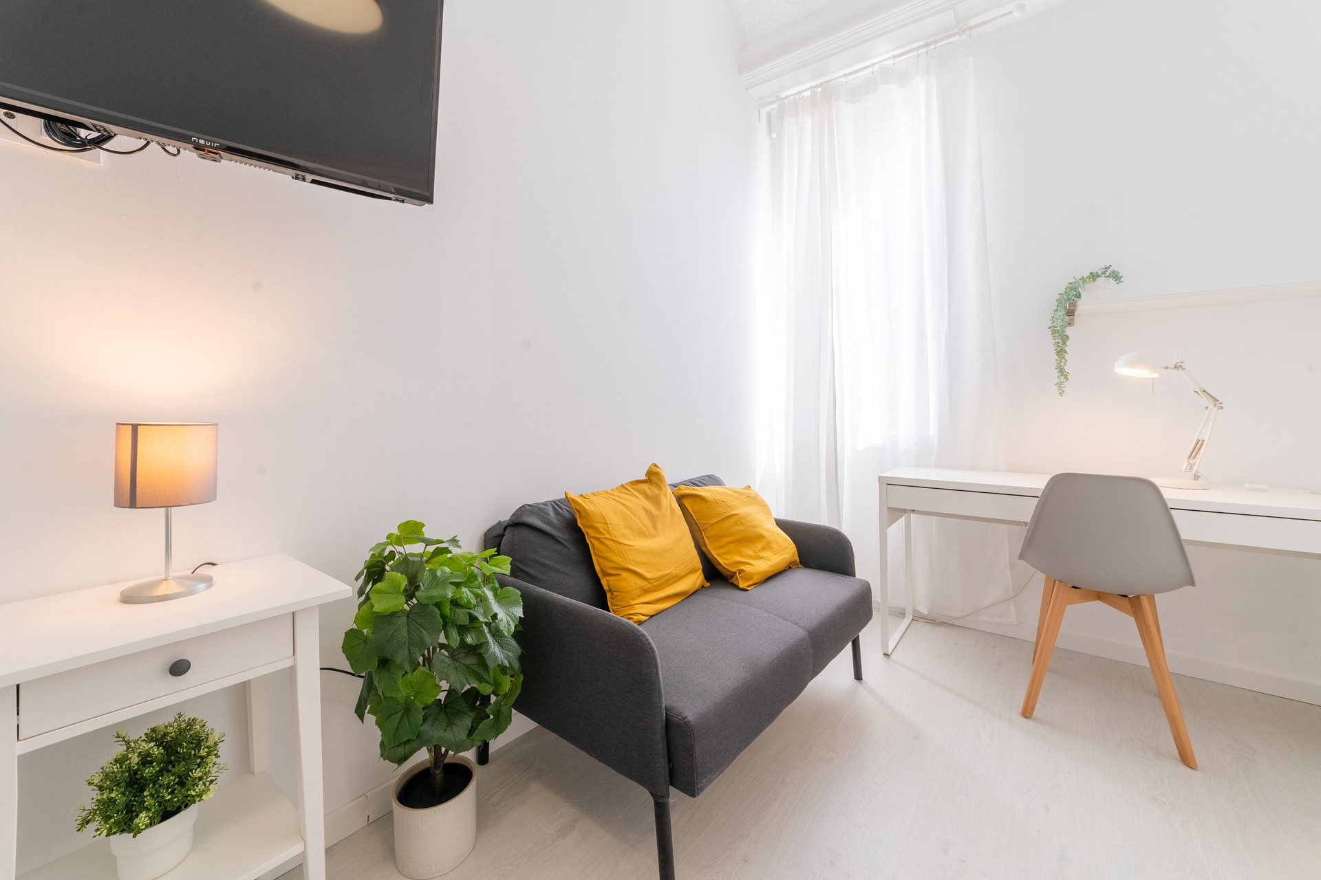 Sofa and desk seating area