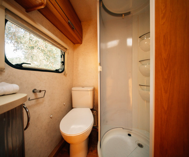 Toilet and corner shower