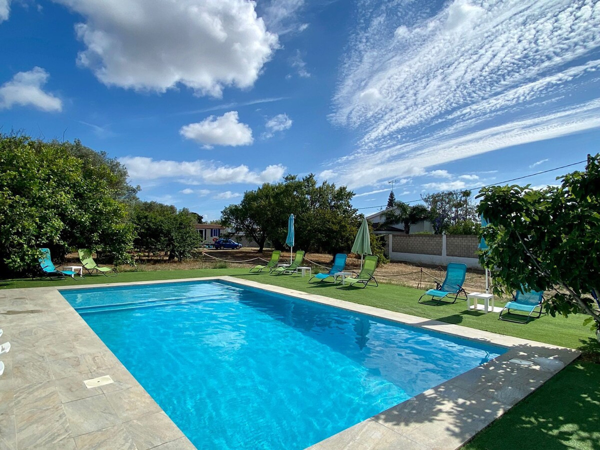 Stunning Swimming pool with Sun beds in super calm and romantic nature. Fresh infinity pool with Mobile house. Chiclana de la Frontera, Cádiz, Spain