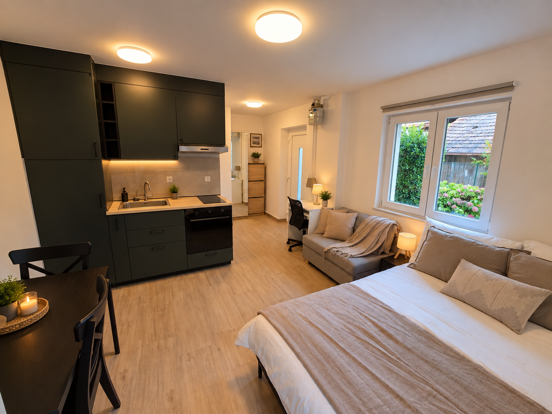 Studio kitchen, sofa and bed