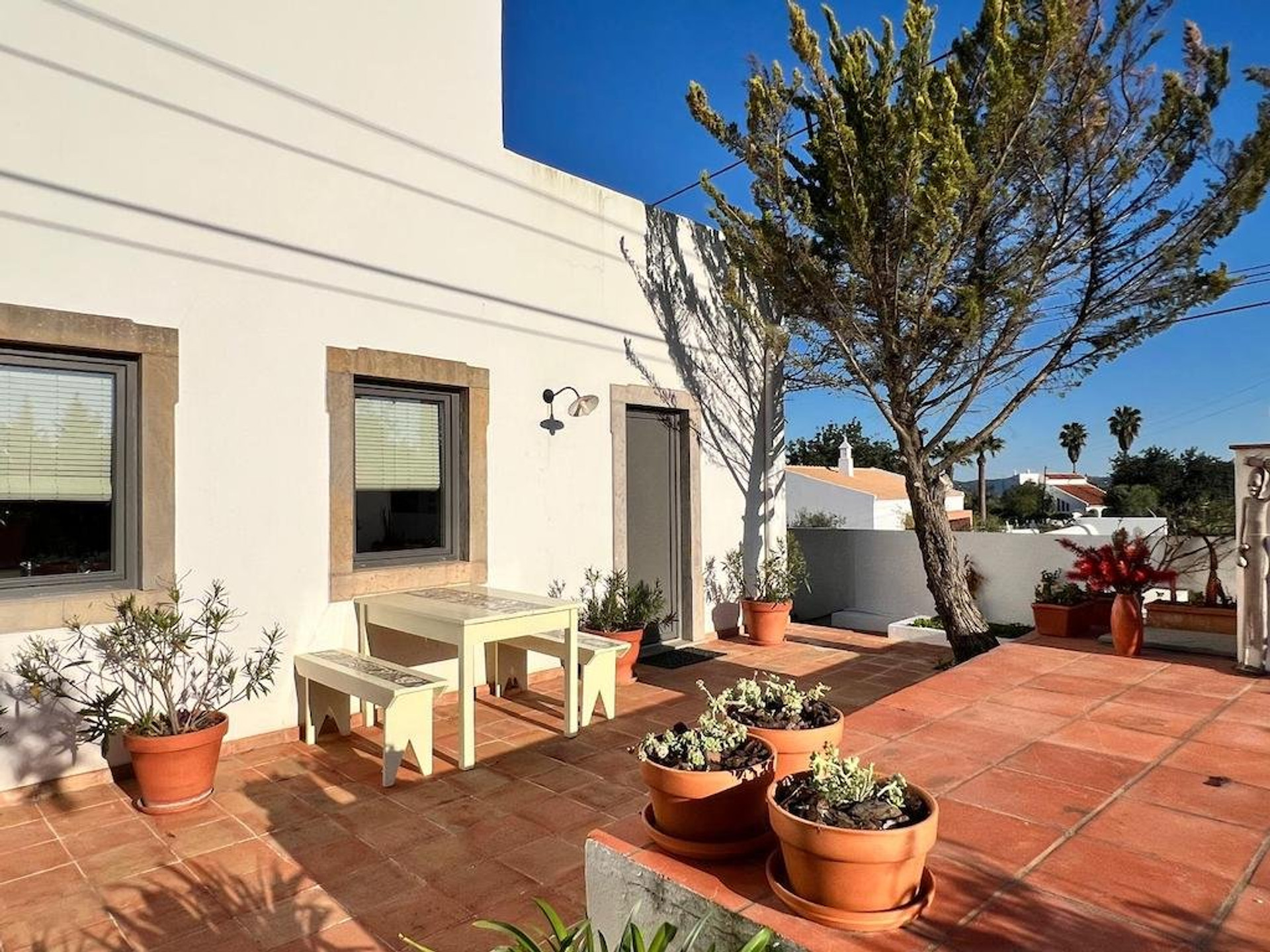 Sunny terrace with dining and plants