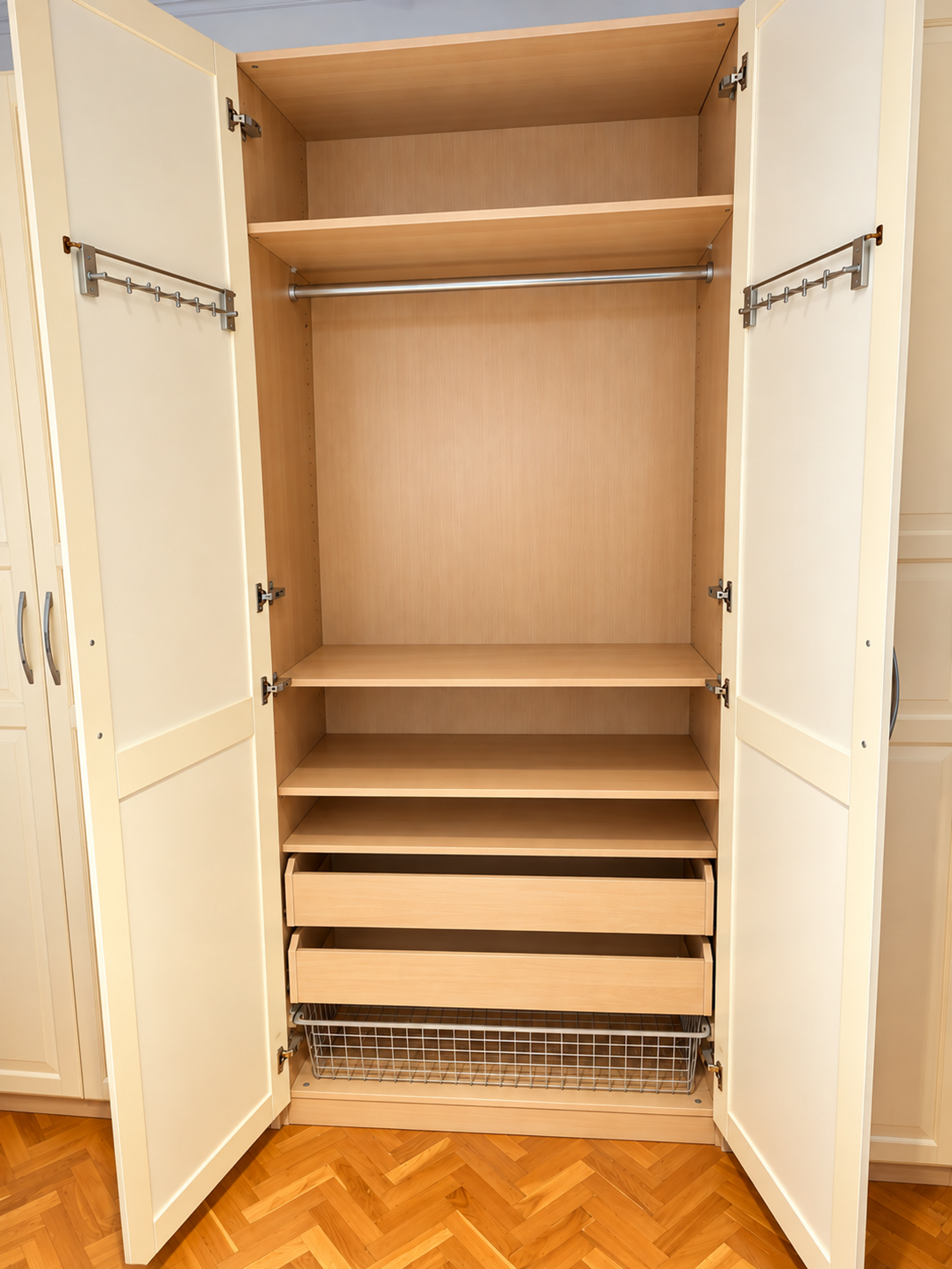 Open wardrobe with shelves and drawers