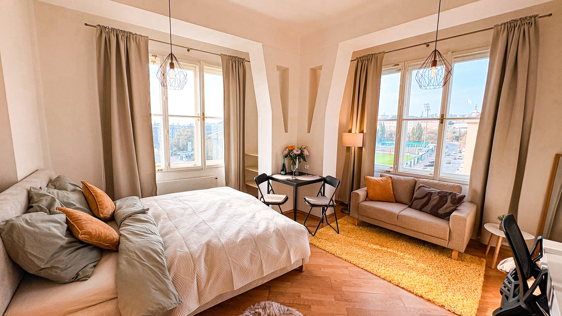 Studio living and sleeping area
