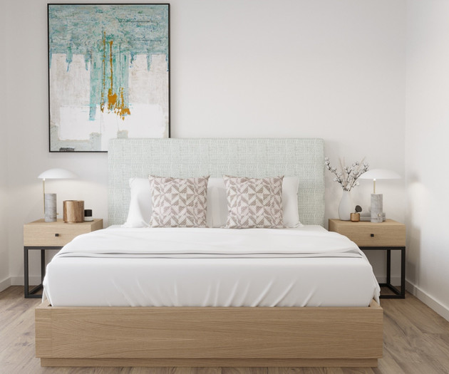 Bedroom with teal artwork accent