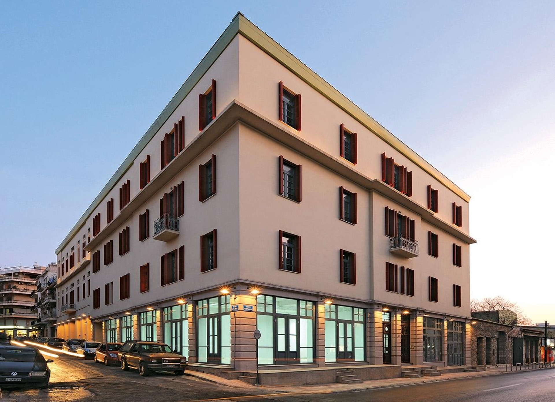 Building corner exterior at dusk