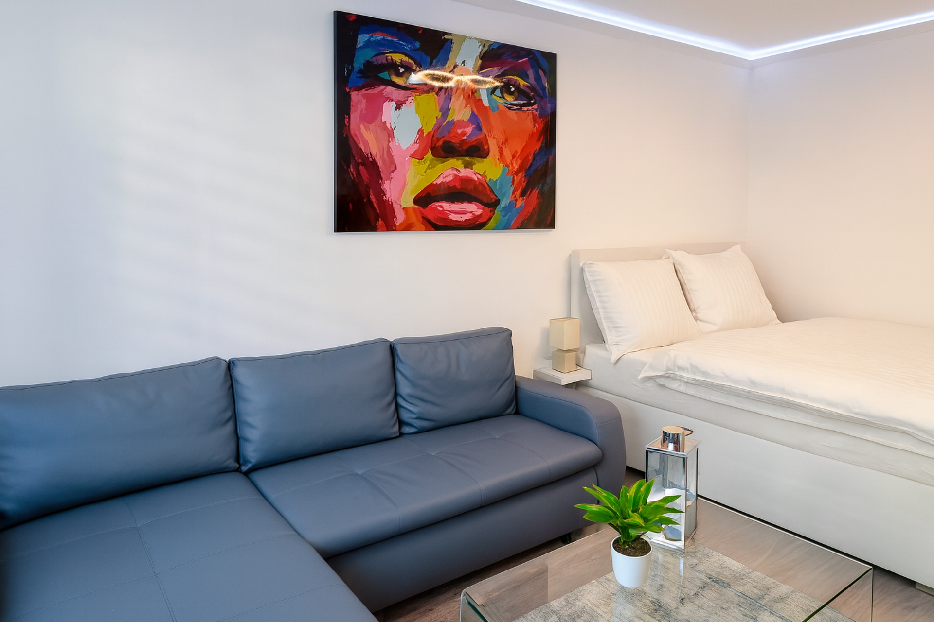 Living area with sofa and bed