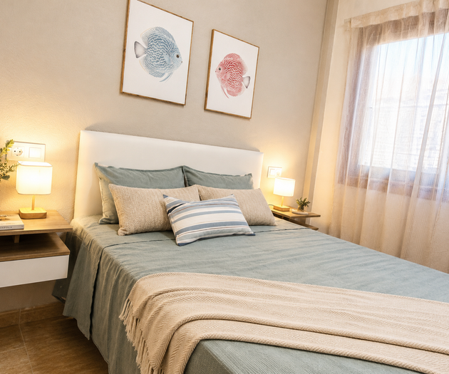 Bedroom with fish art
