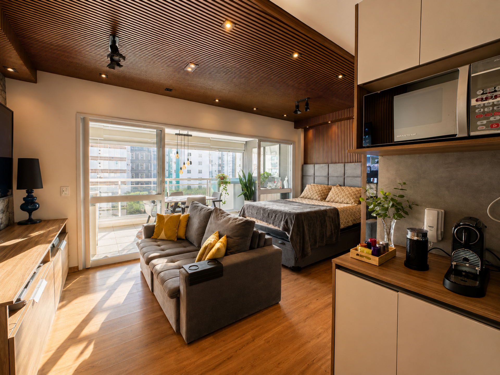 Studio living room with bed and kitchenette