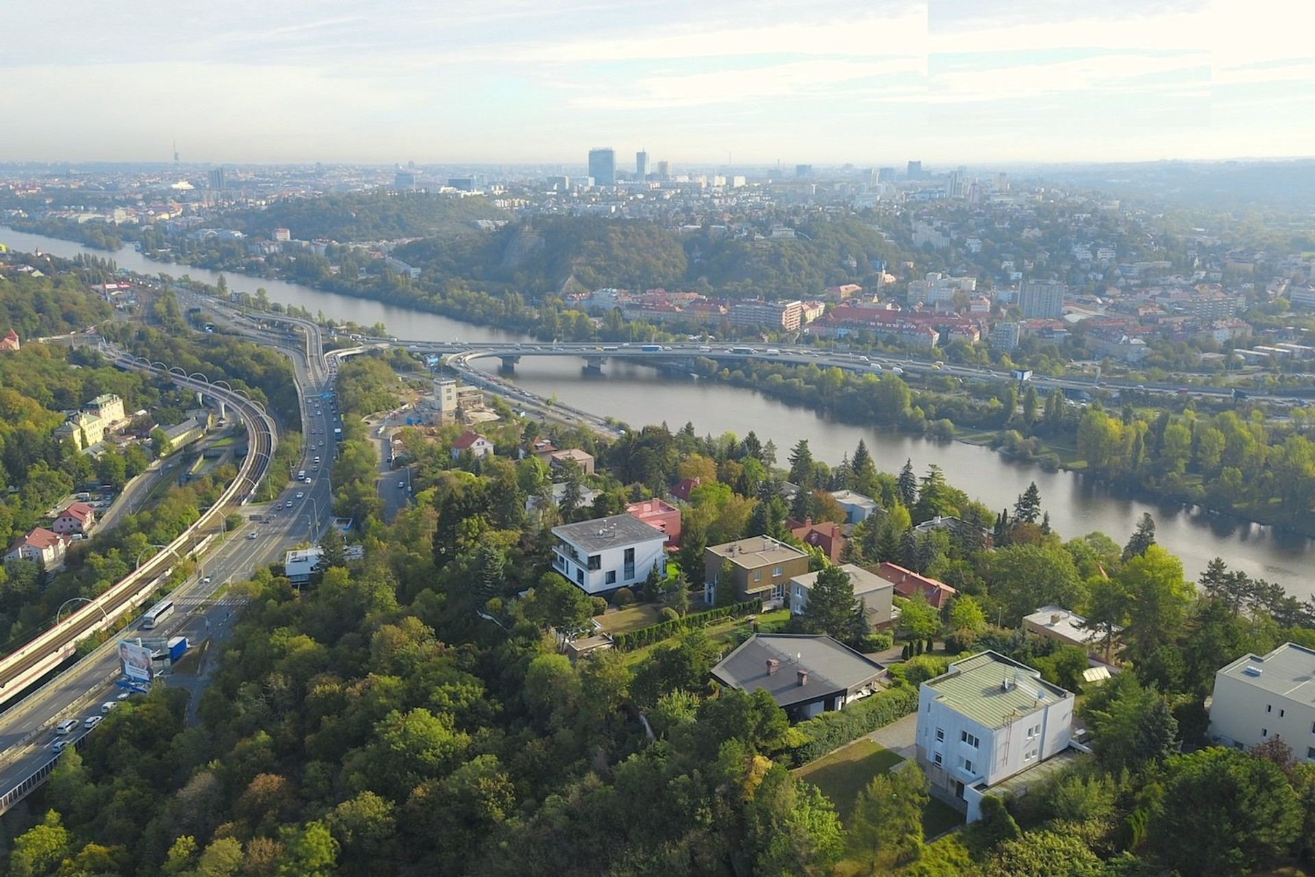 Aerial view over river and city