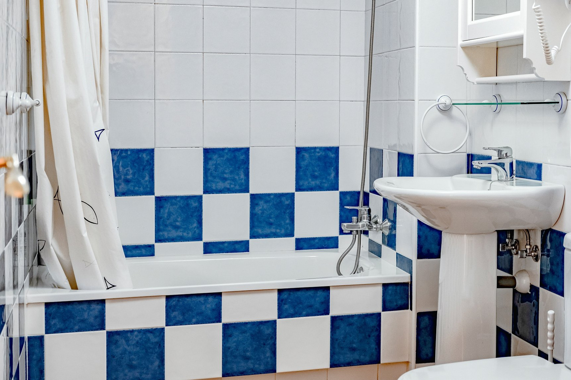 Blue and white tiled bathroom