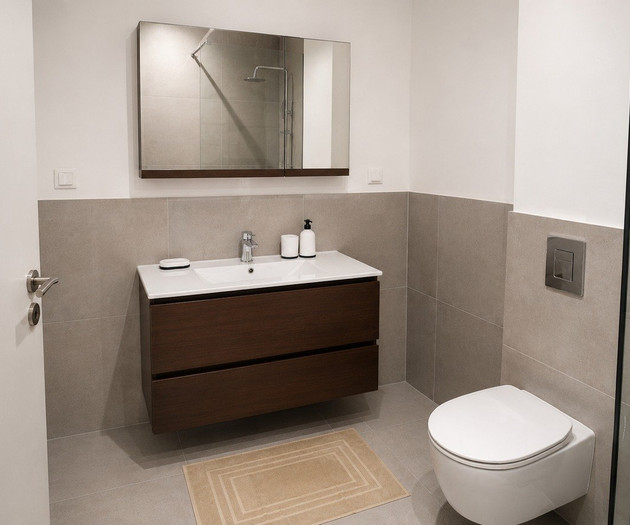 Modern bathroom with wood vanity