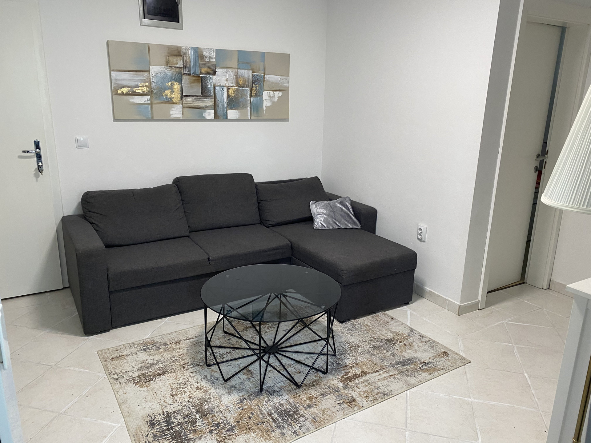 Living area with dark sofa