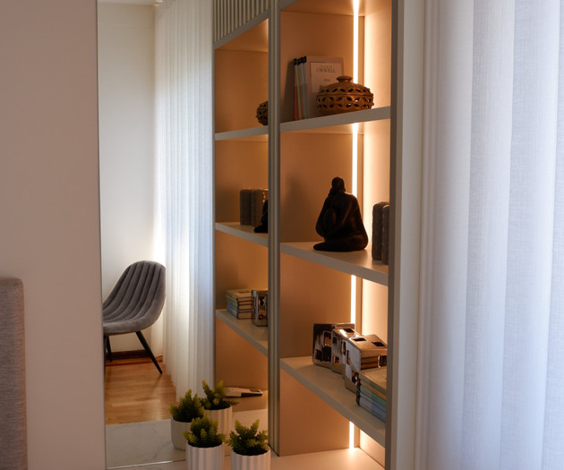 Bedroom shelving with mirror
