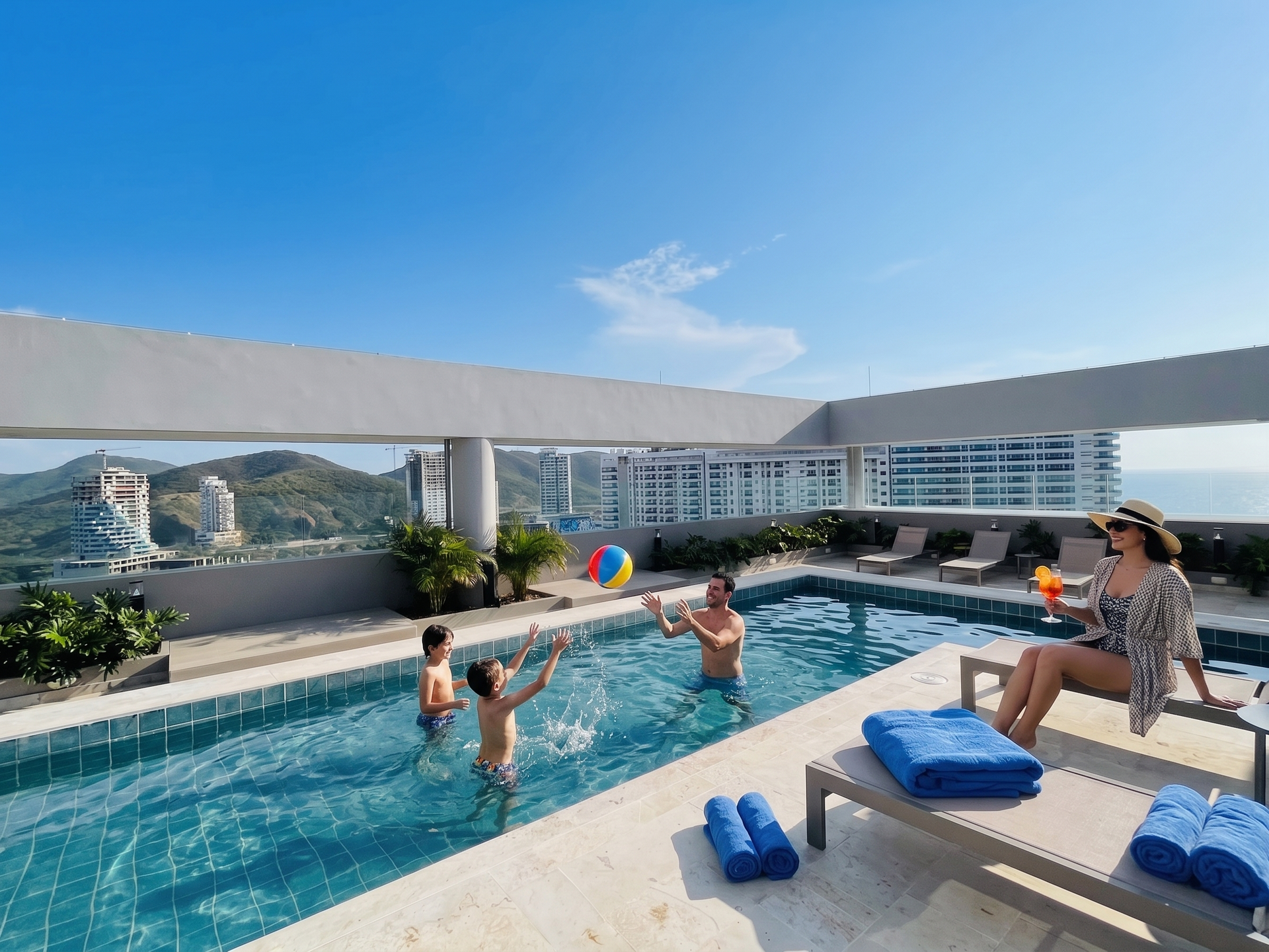 Piscina rooftop premium con vistas abiertas y ambiente resort.