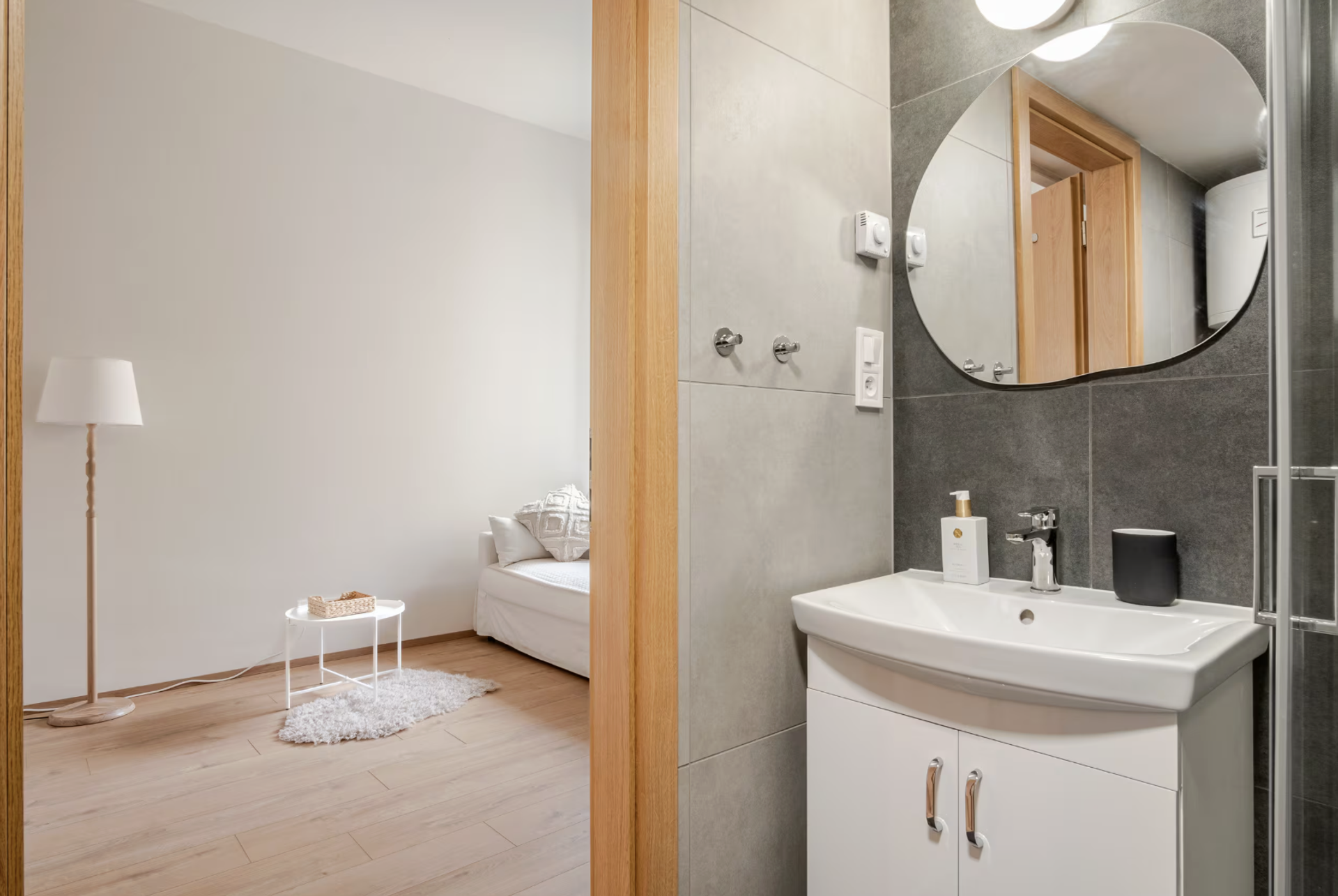 Bathroom with view to living area