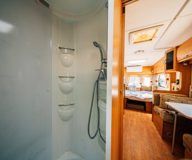 Shower with view into living area