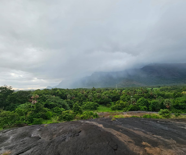 Misty mountain view from rock