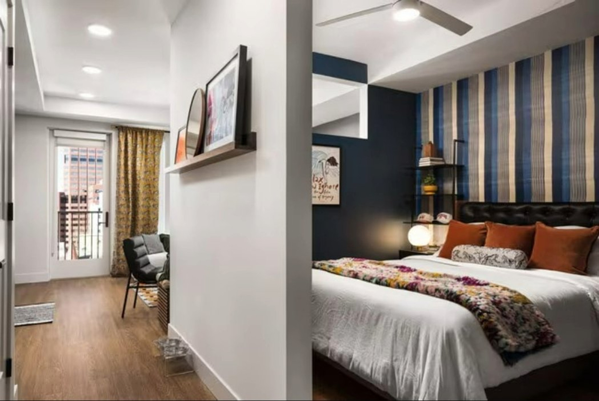 Bedroom with striped accent wall