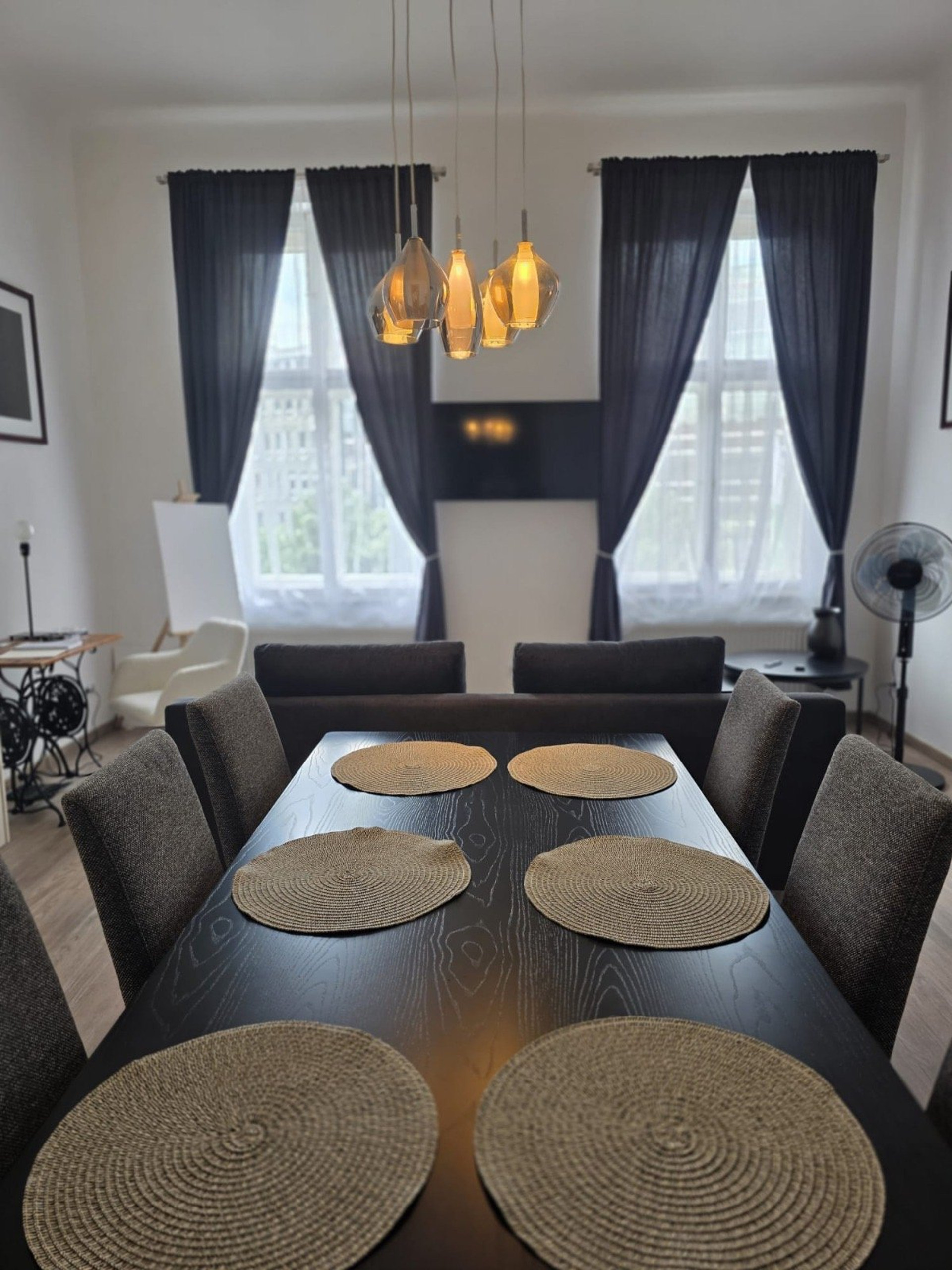 Elegant dining area with dark table