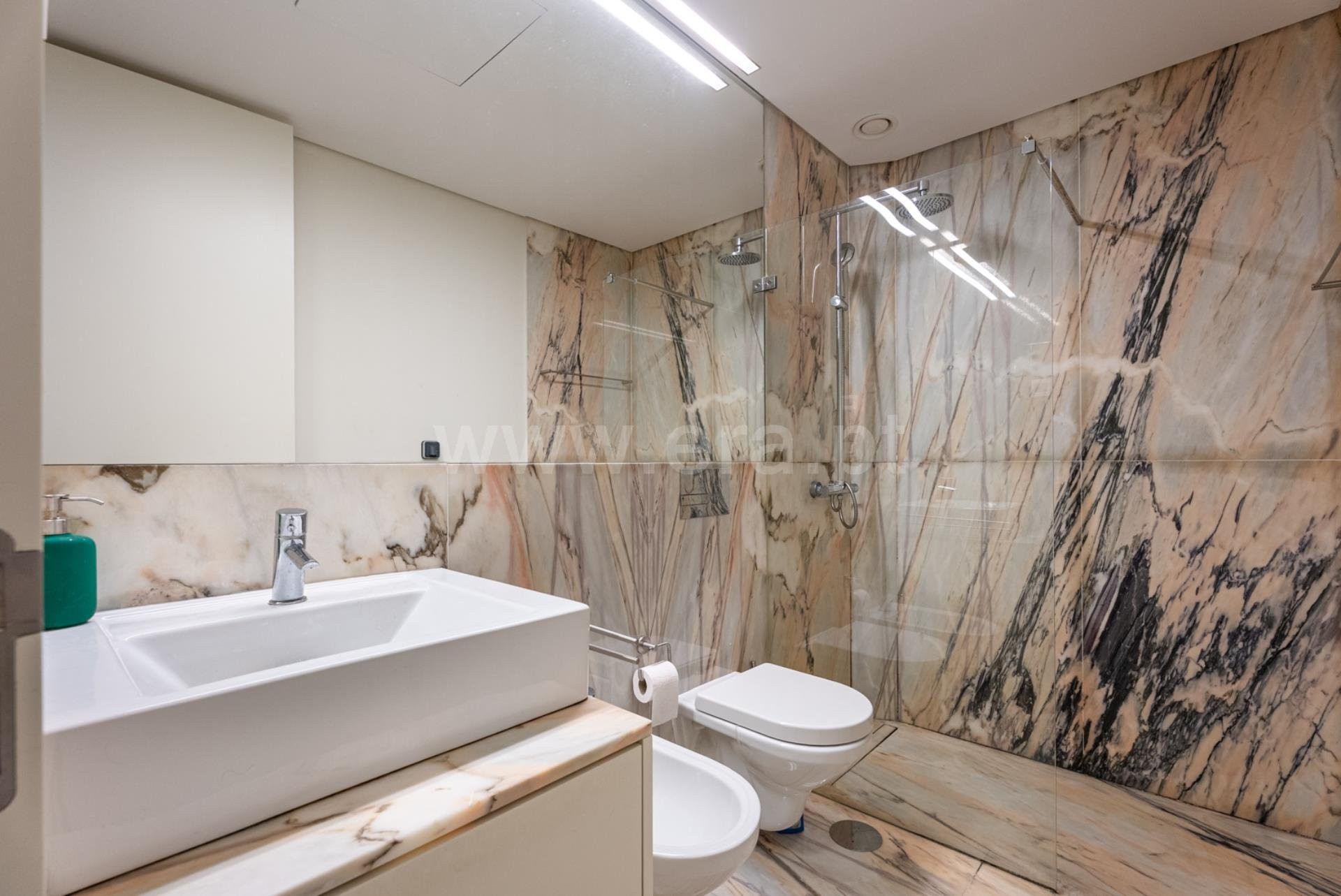 Marble bathroom with walk-in shower