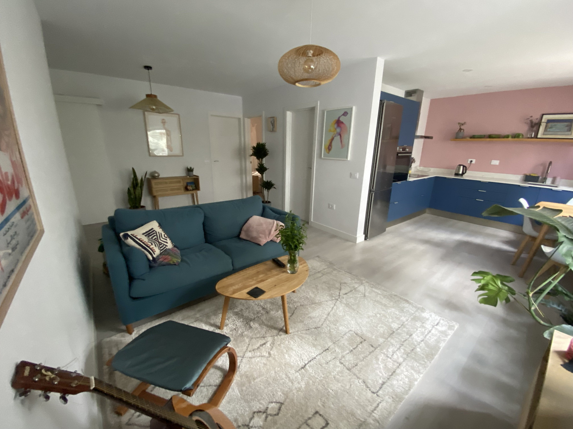 Open living room and kitchen view