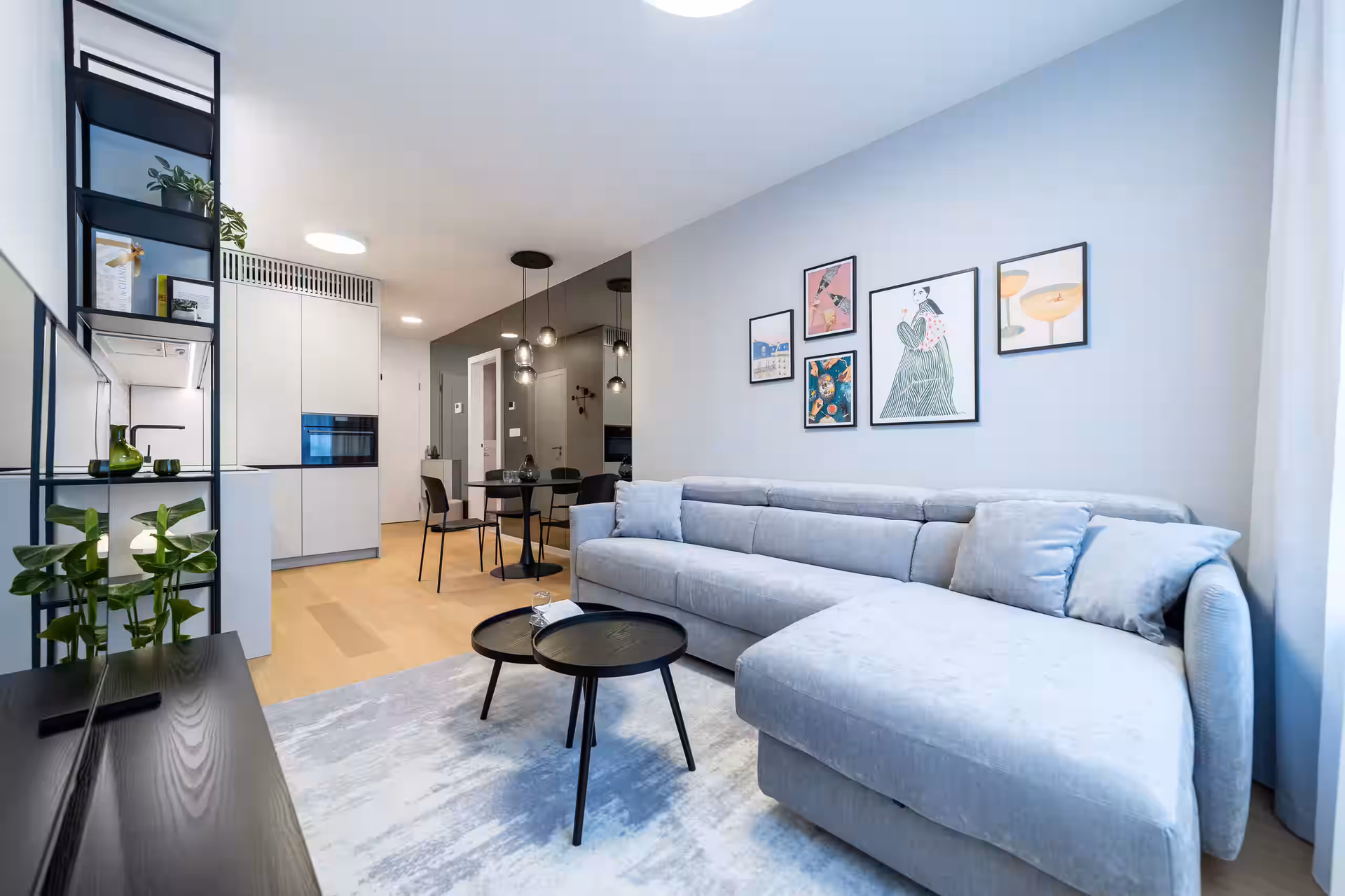 Bright living room with sectional sofa
