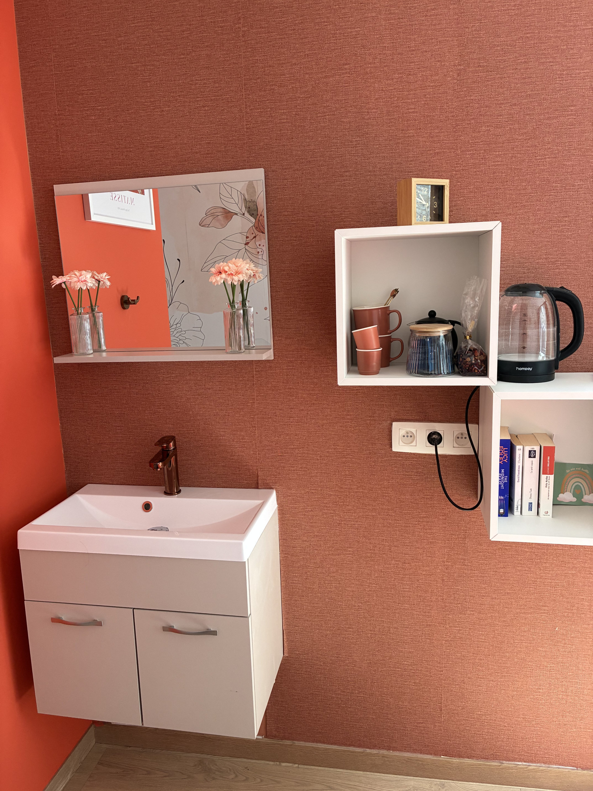 Bedroom vanity sink and shelves