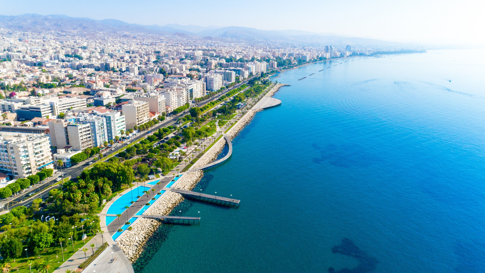 Aerial city and coastline view