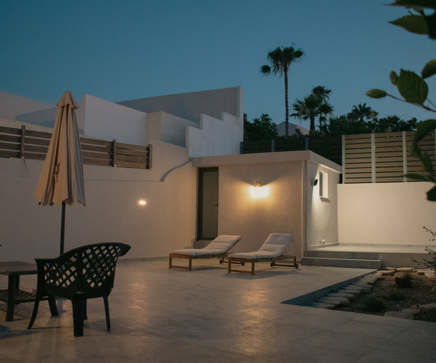 Evening patio with lounge chairs