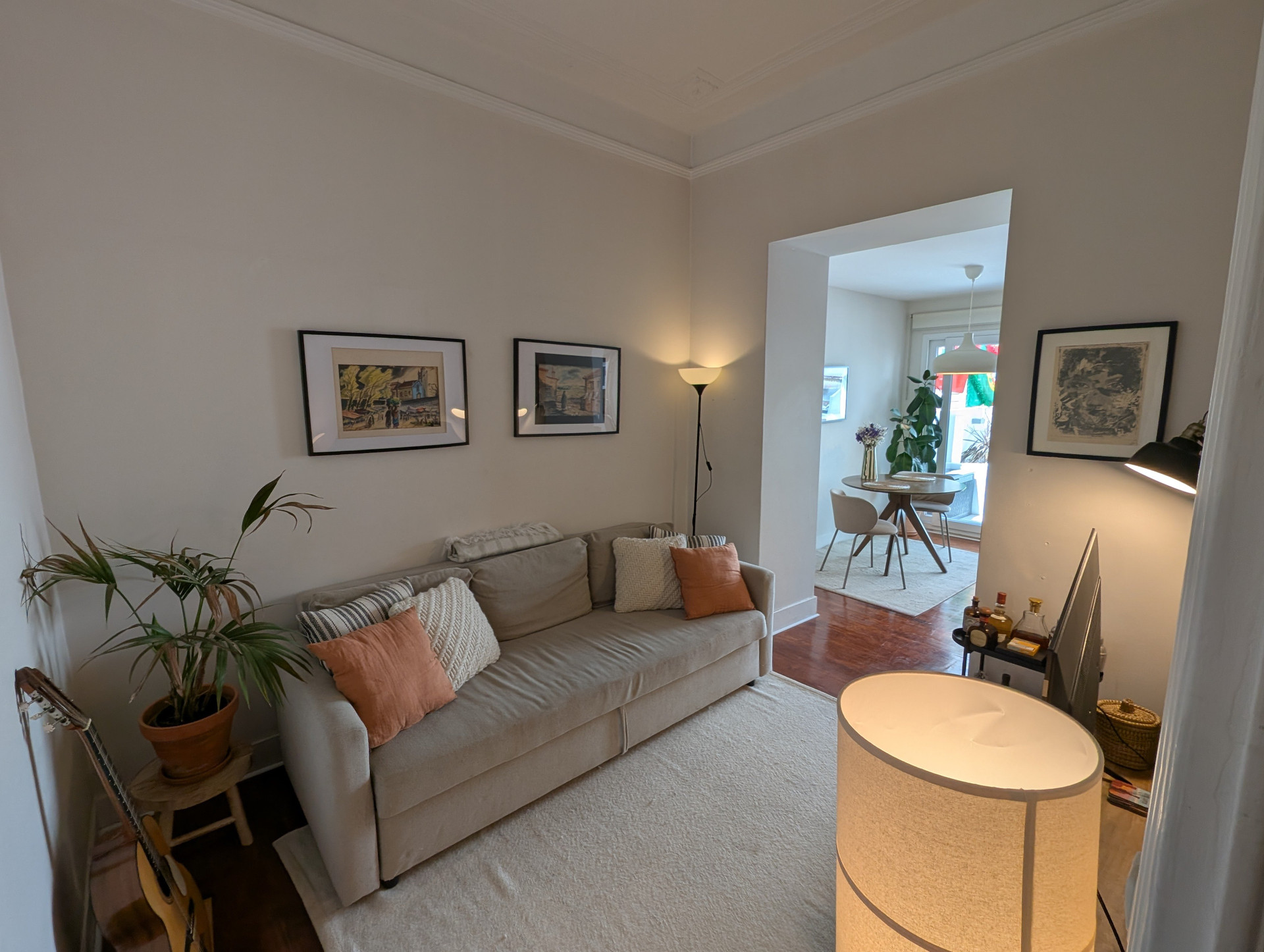 Living room sofa with dining view