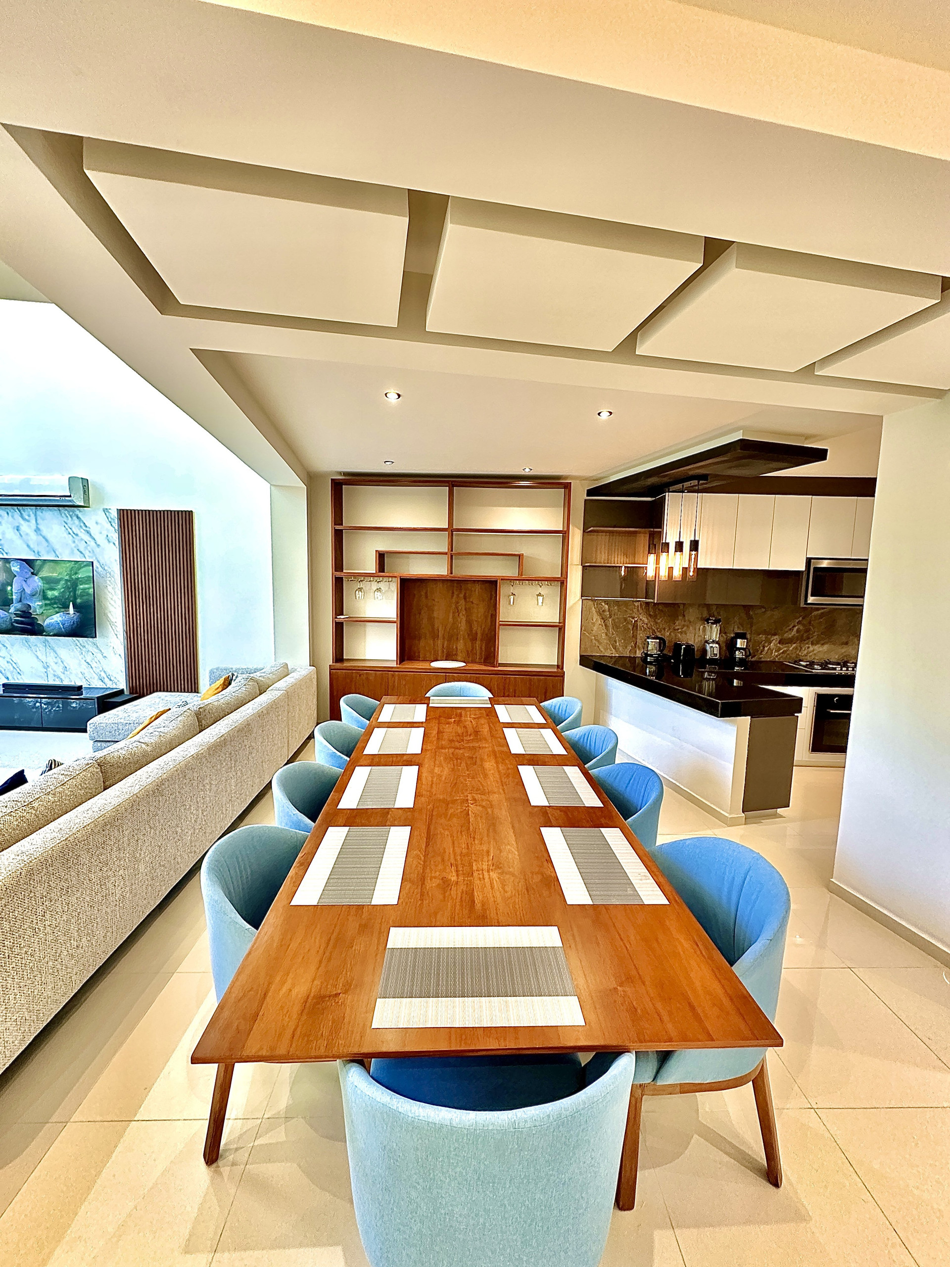 Dining table with kitchen view
