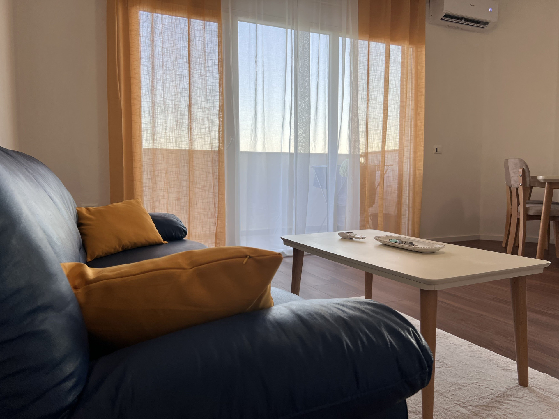Living room sofa with balcony curtains