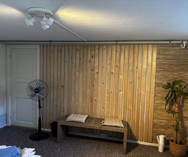 Wood paneled room with fan
