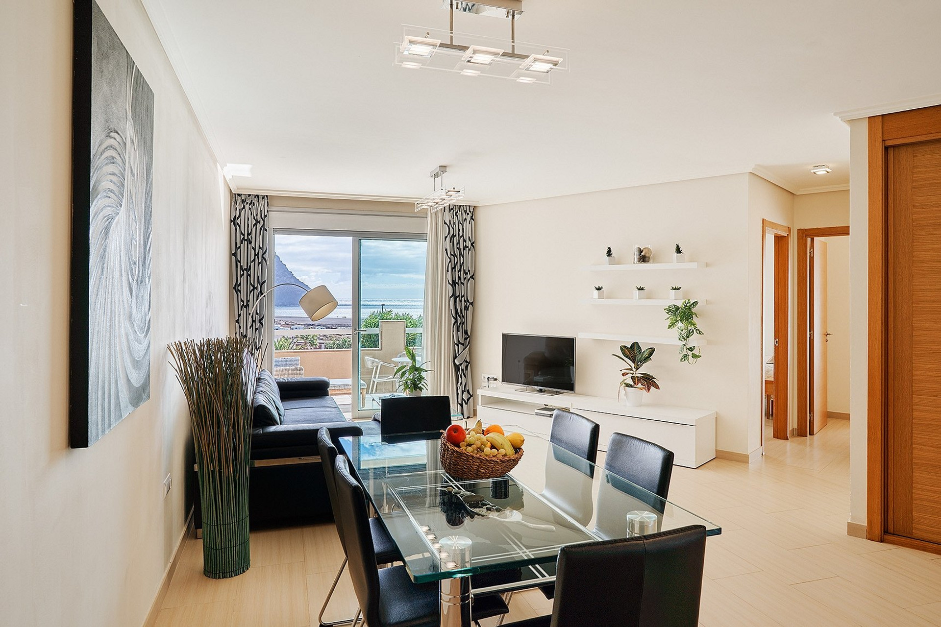 Open living dining room sea view